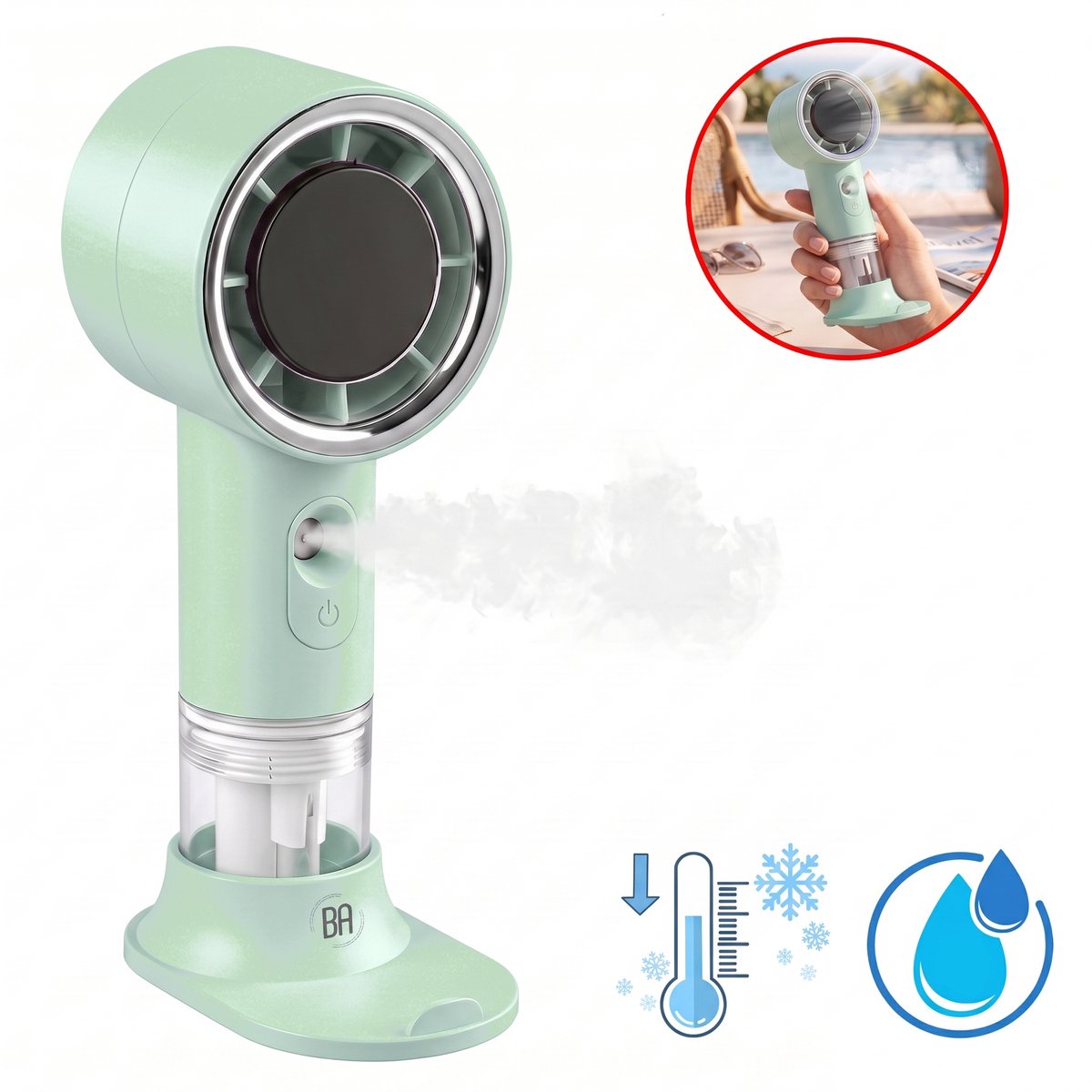 Best Active Mini Handventilator met Verneveling - Kleine Ventilator Oplaadbaar - Draagbare Handventilator met Waternevel - 3 Standen - USB-C - Voor Thuis, Kantoor & Onderweg - Mintgroen