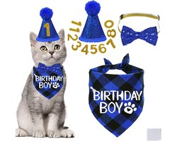 4-Delige Set Verjaardagsset Hond - Hond Verjaardagskleding - Kat Kleding - Hondenkostuum - Verkleedset Huisdier - Verstelbaar - Blauw - Ademend en Zacht - Verjaardagshoedje, Bandana met Cijfer, Vlinderdas en Halsband