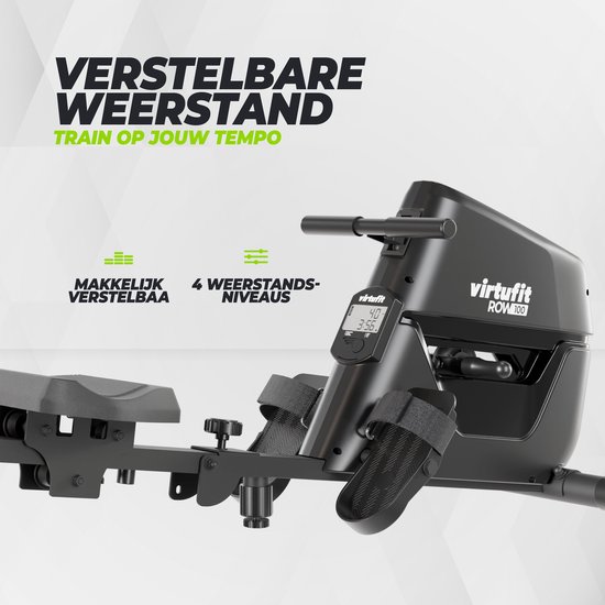 Zwarte VirtuFit ROW100 roeitrainer, makkelijk verstelbaar met 4 weerstandsniveaus.