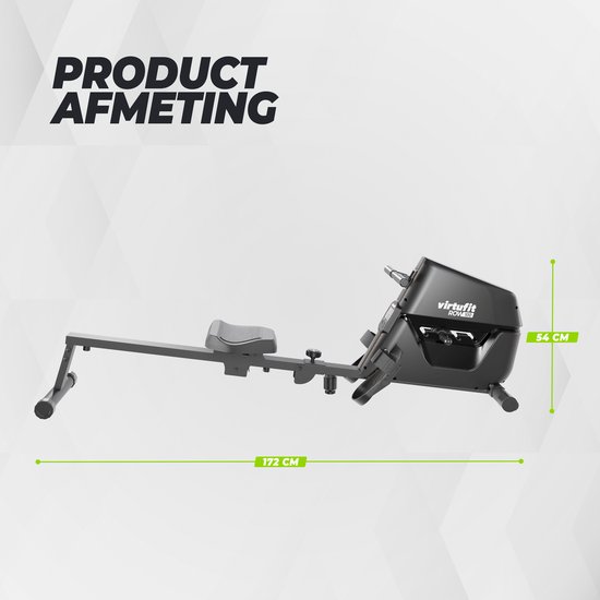 Afmetingen van de VirtuFit ROW100 roeitrainer: lengte 172 cm, hoogte 54 cm.
