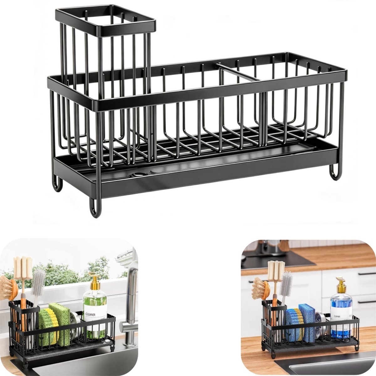 Opbergrek - Gootrekgrek - Sponsrek - Reinigingsborstelrek - Zeeprek - RVS opbergrek - Met lekbak - Gescheiden formaat - Met ventilatiegaten - Opbergaccessoires - Geschikt voor aanrecht, gootsteen (zwart, 24*16,5 cm)