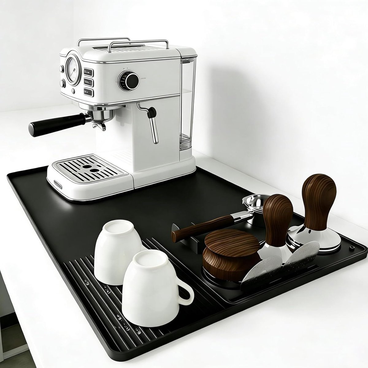 Afdruipmatje voor bestek - 2-in-1 mat voor koffiemachine en tamper - Afdruipmatje voor de gootsteen - 60x40x1 cm - Geschikt als mat voor koffiemachines, droogmatje voor bestek, mat voor huishoudelijke apparaten en voerbak voor huisdieren - Zwart