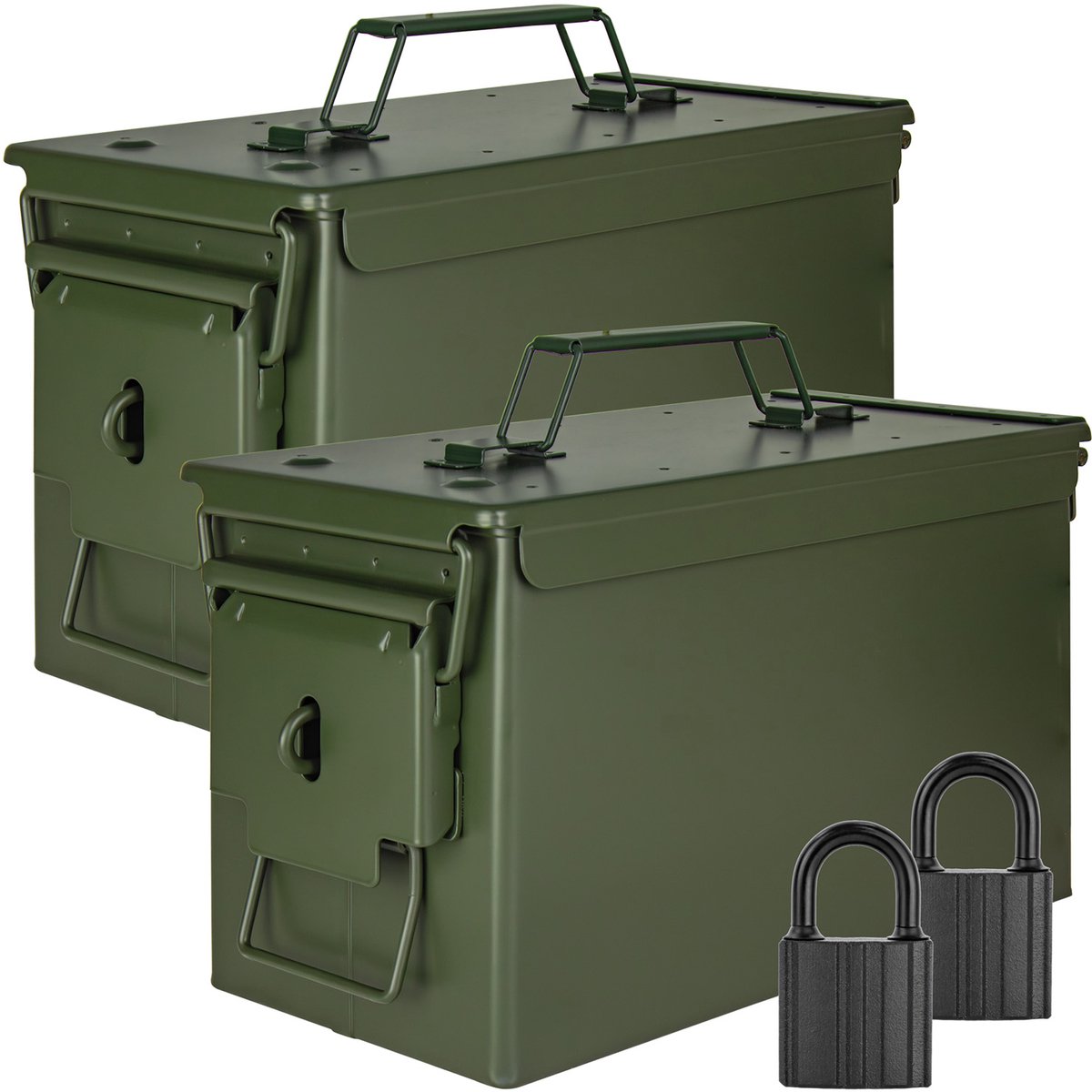 Trucky Set: 2x Munitiekisten met slot – Metalen opbergkisten met deksel – 31 x 16 x 19 cm – Legergroen metaal