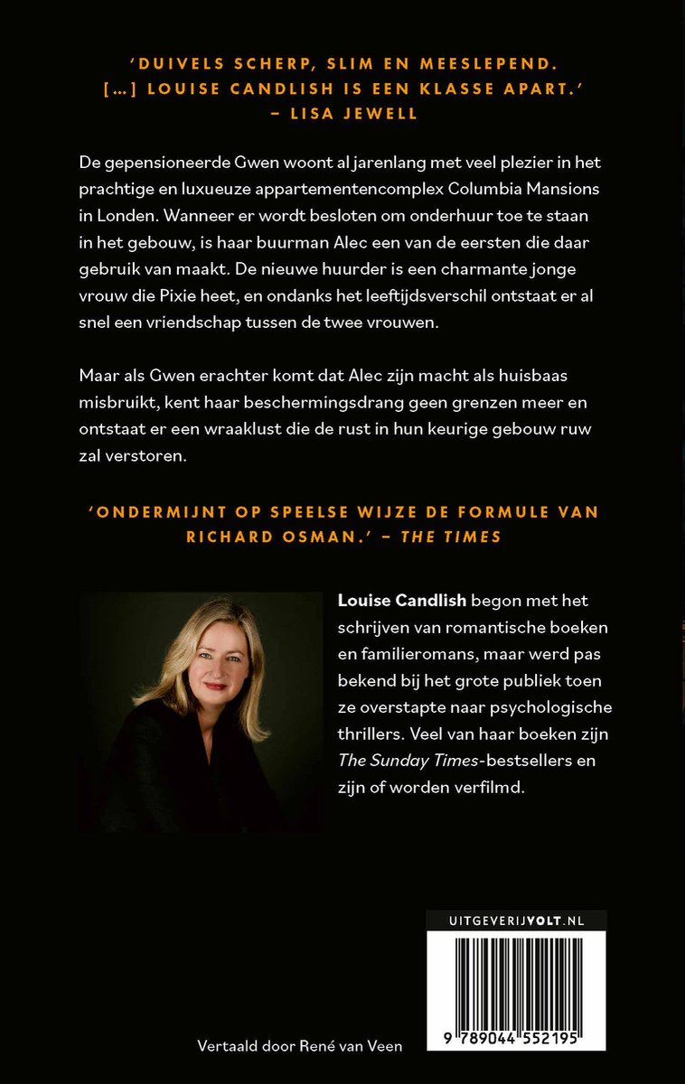 Boekcover met portret van Louise Candlish en tekst over de auteur.