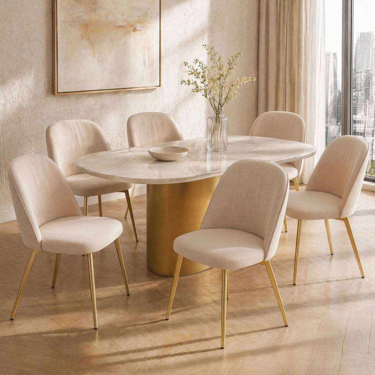 FloraGrace Eetkamerstoel Set Van 6 - Modern Gestoffeerd Met Gouden Metalen Poten - Comfortabel Voor Eetkamer, Woonkamer En Café - Velvet - Beige