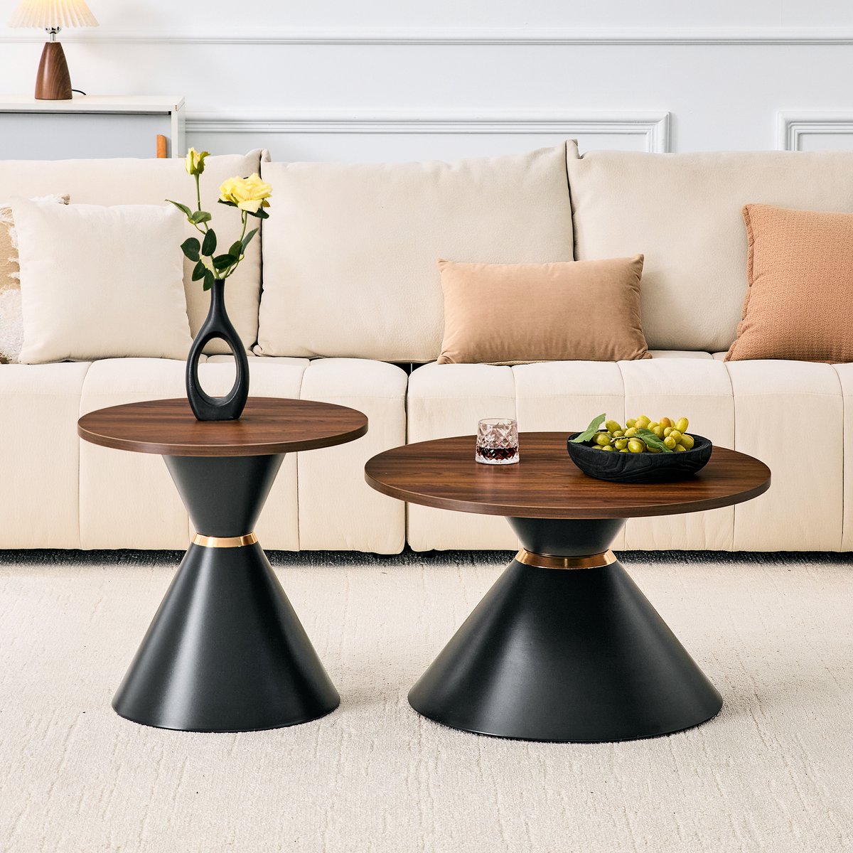 FloraGrace Salontafel Set Van 2 - Ronde Nesttafels Met Walnootlook - Ruimtebesparend Voor Woonkamer Slaapkamer En Kantoor - Metaal - Zwart