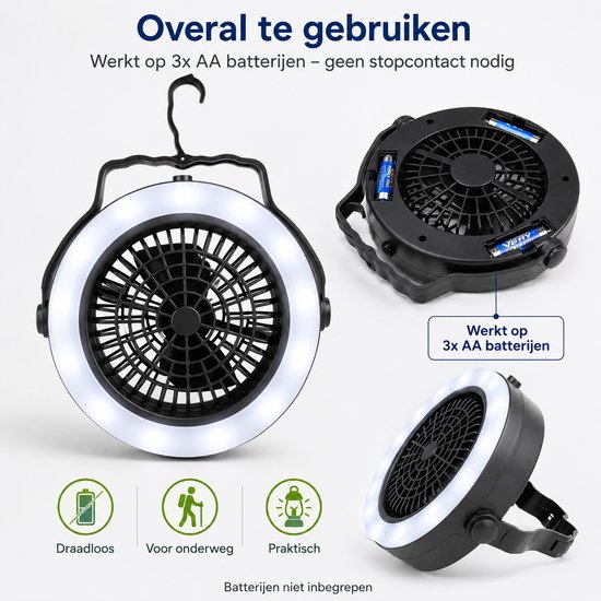 2-in-1 Campinglamp met Ventilator - Ophangbare Tentlamp en Plafondventilator - Werkt op 3x AA Batterijen - LED Licht — afbeelding 4