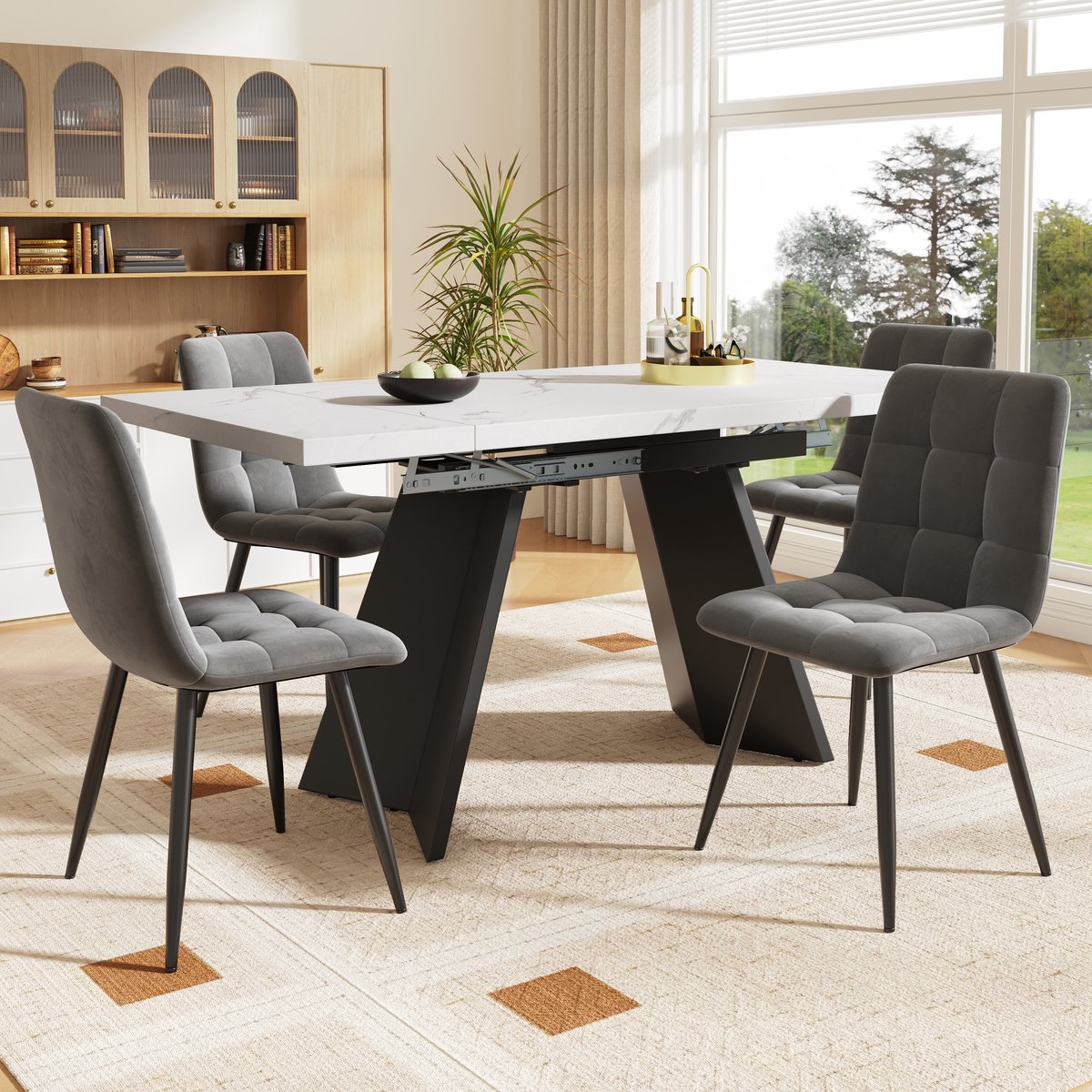 DESMIU Set Tafel En Stoelen 99-159 x 74 x 77 cm - Uitschuifbare Eettafel Met 4 Eetkamerstoelen - Voor Eetkamer En Keuken - Metaal Wit Zwart Grijs