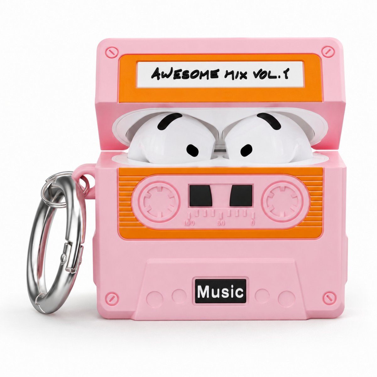 Enluxe Case geschikt voor Airpods 4 - Retro Cassettebandje Roze - Siliconen 3D Hoesje met Karabijnhaak
