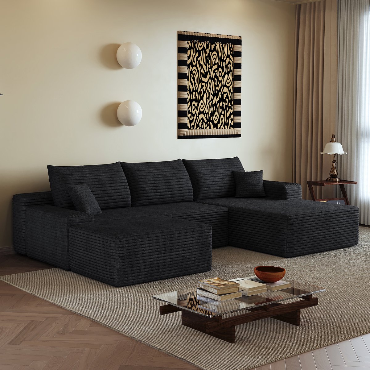 MIVRAY Hoekbank 270 Cm - Modulair Zonder Montage Met Diepe Zitting En Chaise Longue - Voor Woonkamer Slaapkamer En Appartement - Stof Zwart