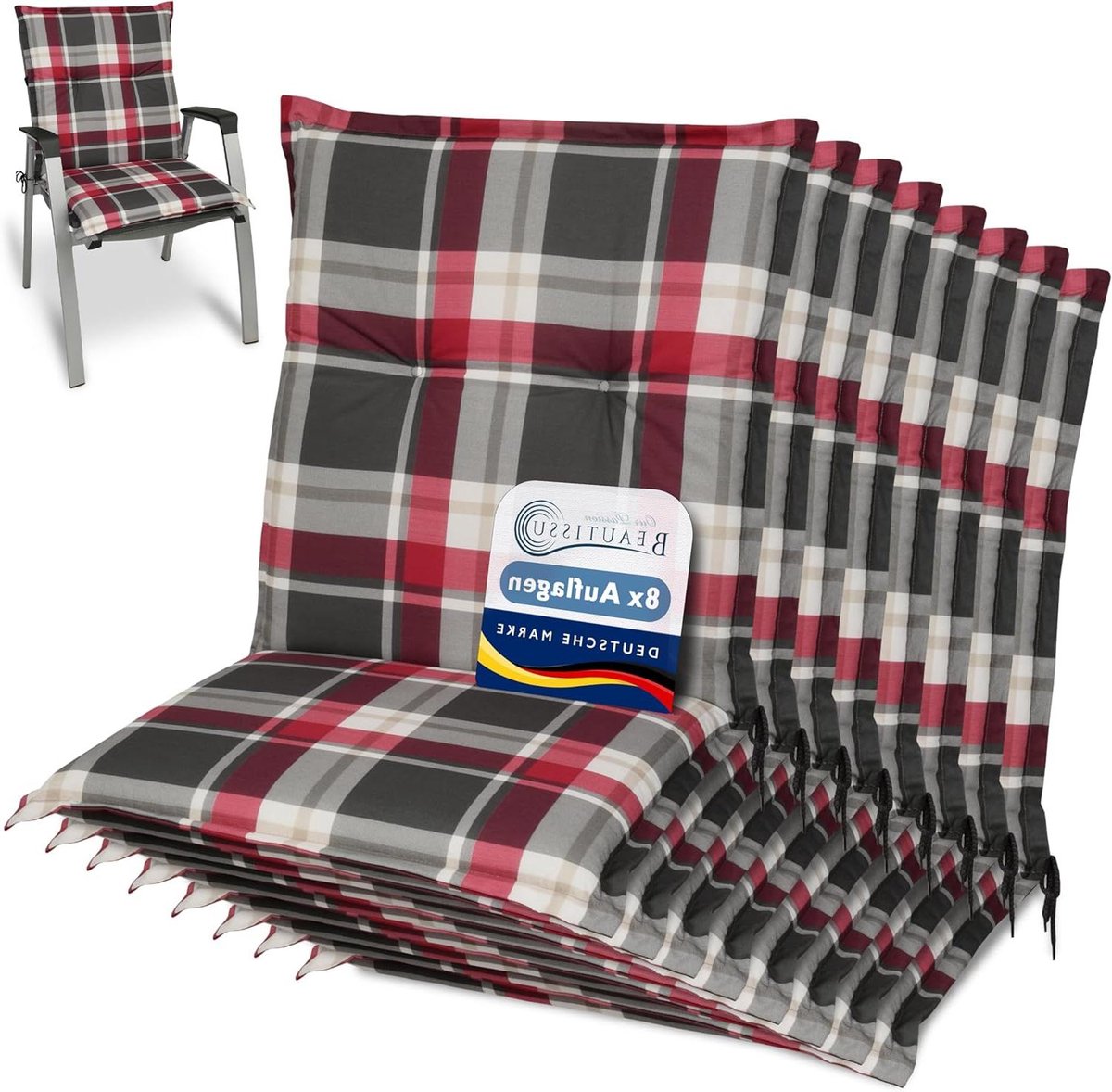 Tuinkussens Set - Stoelkussens Lage Rugleuning - Buiten Zitten - UV-Lichtechtheid 5 - 100 x 50 cm - Rood Grijs Geruit
