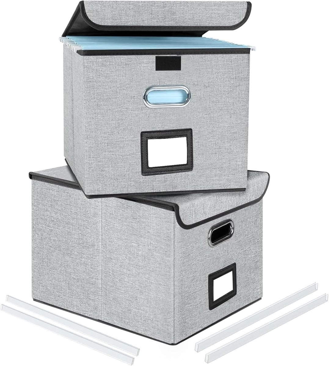Set van 2 Opbergdozen met Deksel, A4 Hangende Bestandenbox van Vezelboard en Papier in Stijlvolle Linnen Look, Ideaal voor Thuis en Kantoor, Documenten Organiseren en Bestanden Opslaan