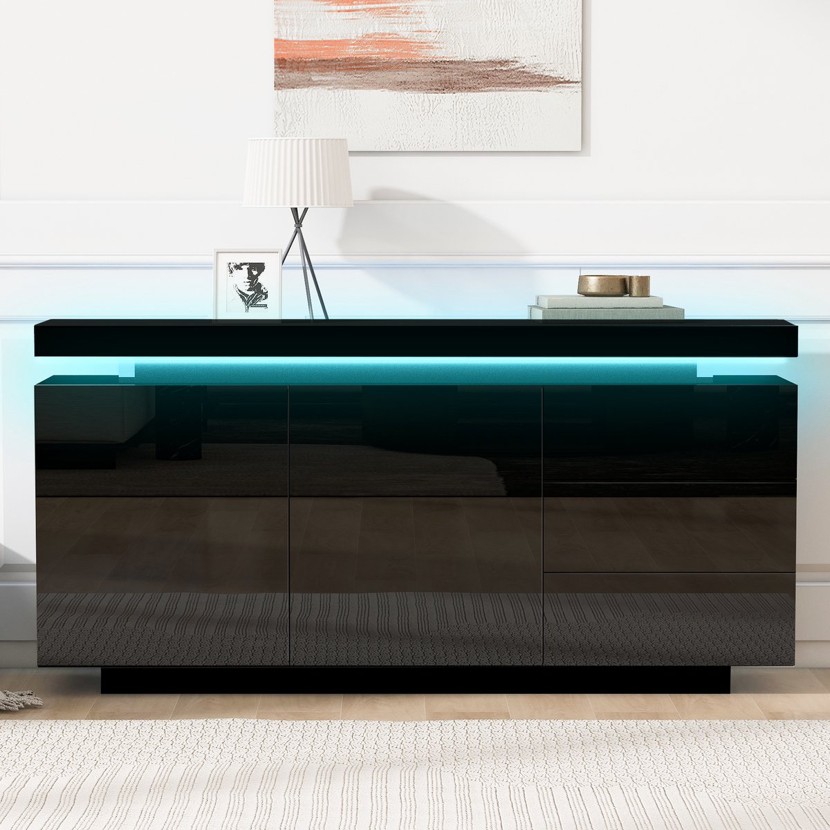 MODFU - Buffetkast - Hoogglans - LED - Grifflos - Zwart - 140 Cm - 2 Deuren - 3 Lades