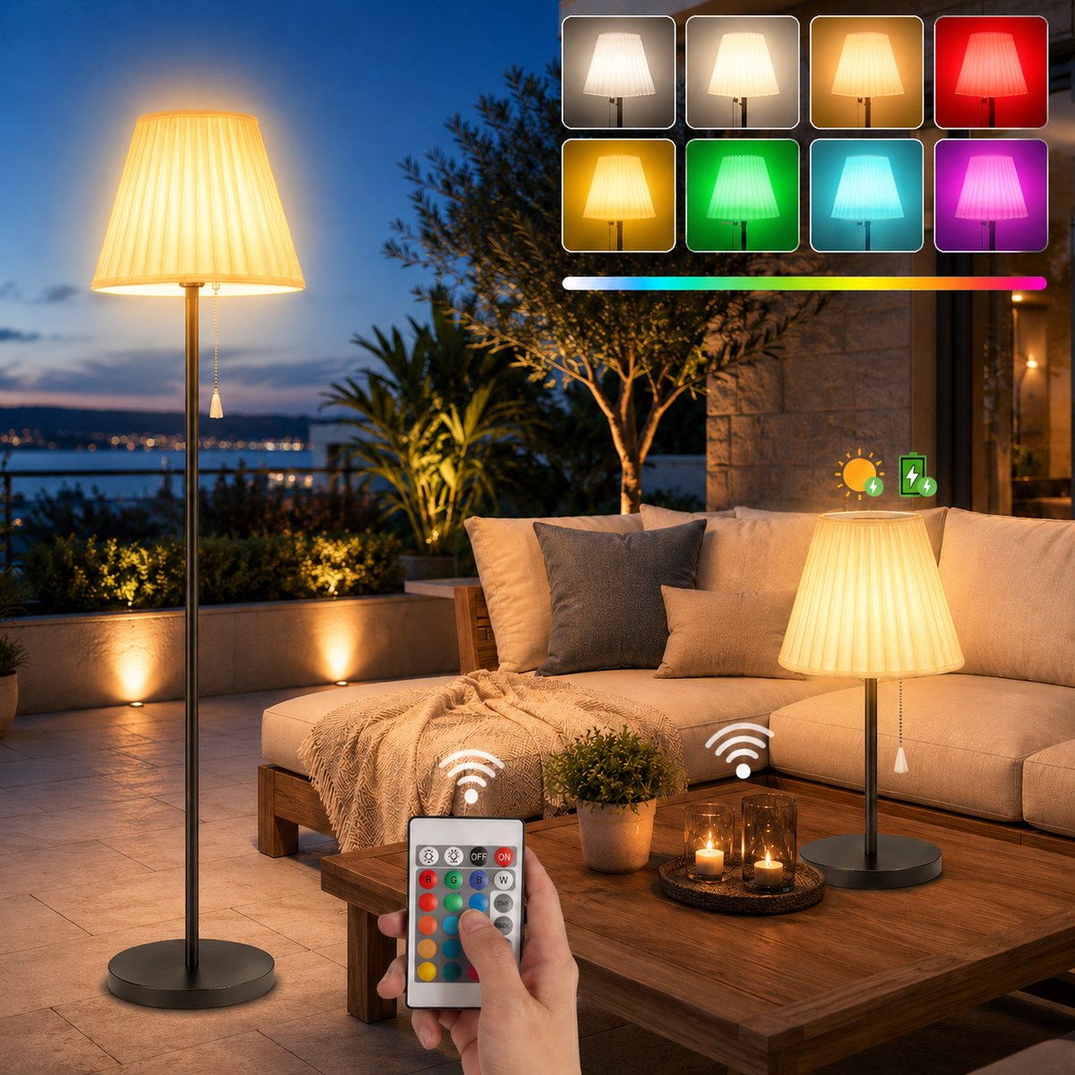 MUPOO IP65 Solar Vloerlamp Buiten met Afstandsbediening Lichtsensor- Draadloze Staande Tuinlamp Buiten op Zonne Energie & USB - RGB + Warm Wit -geheugenfunctie - Dimbaar - 143cm- voor Terras, Gazon, Zwembad, Tuin