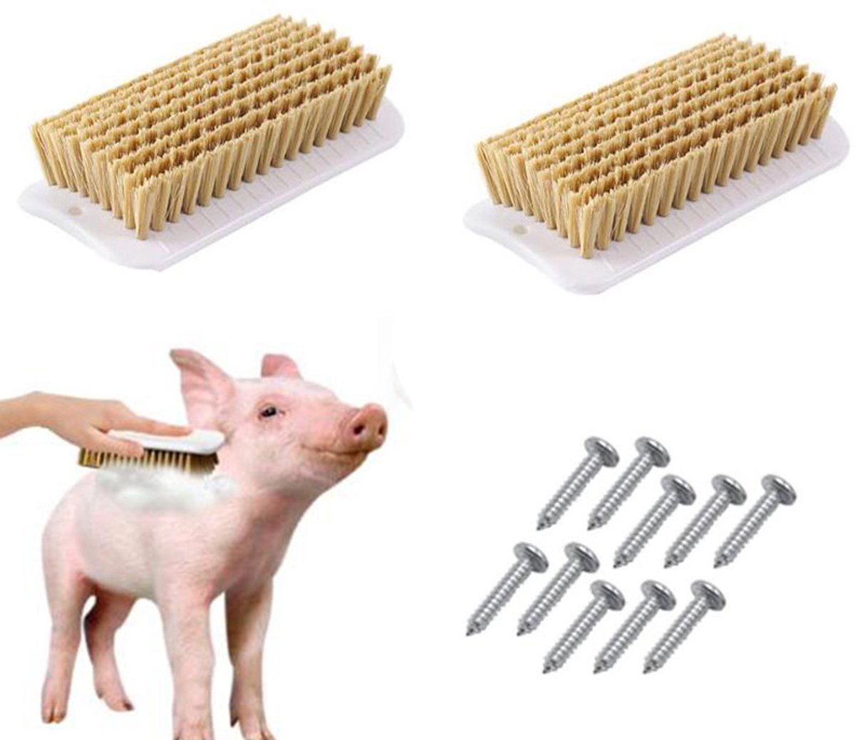 Set van 2 varkens borstels met 10 montageschroeven - muur gemonteerde verzorgingsborstel voor mini varkens en boerderij dieren - natuurvezel schuurborstel voor huidverzorging en jeukverlichting