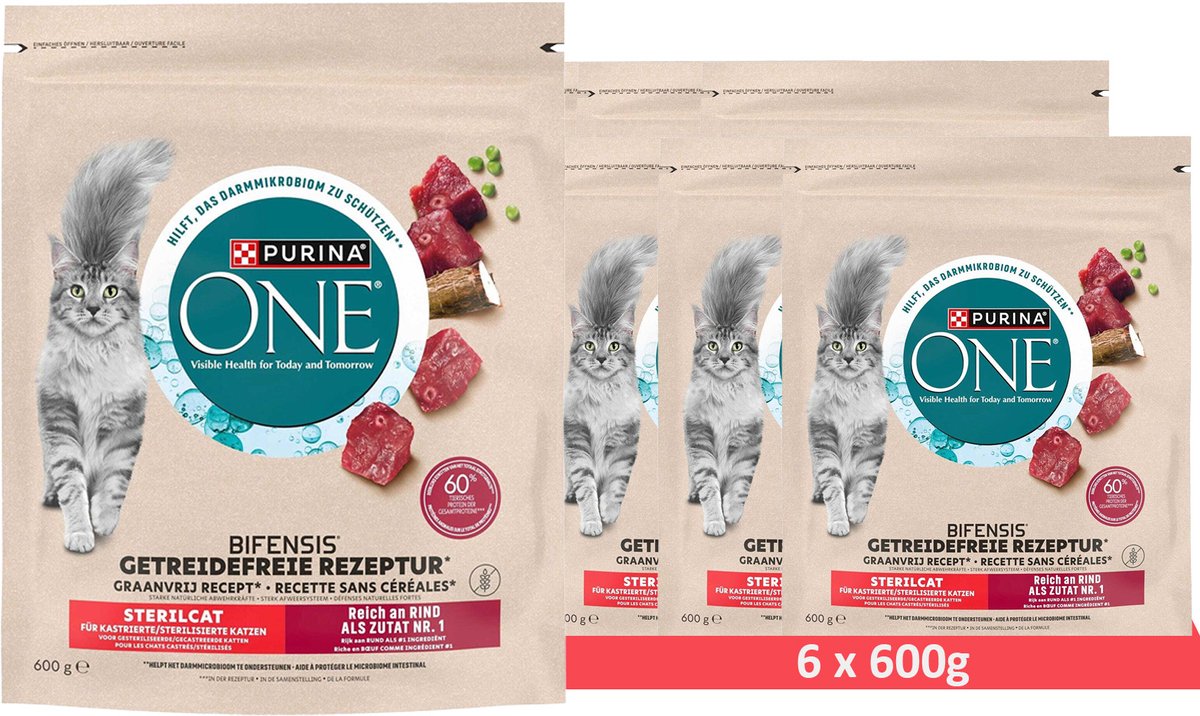 Purina PURINA ONE Sterilcat graanvrije droogvoeding met rundvlees (6 x 600g)