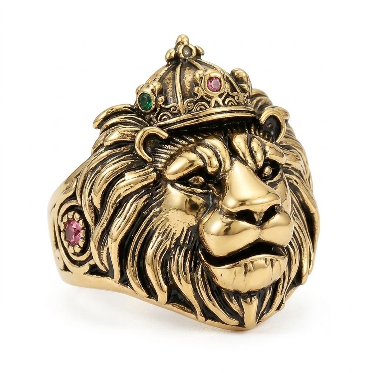 Goudkleurige ring heren leeuwenkop ring maat 10 met kroon dierenmotief statement ring gesneden details roze steeneffect vintage stijl opvallende mode ring