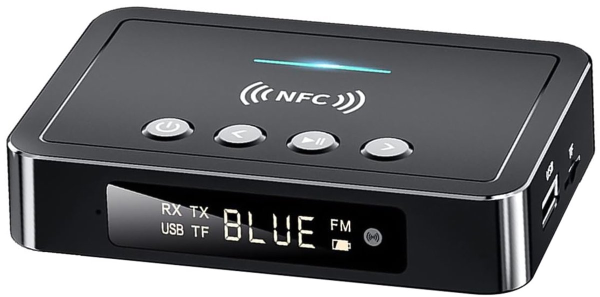 zurabini - Bluetooth Adapter 3-in-1 – Bluetooth Zender Ontvanger voor TV en Stereo – Draadloze Audio Adapter met FM Transmissie en NFC Koppeling – Bluetooth 5.0 Dongle met AUX, RCA en Lange Batterijduur