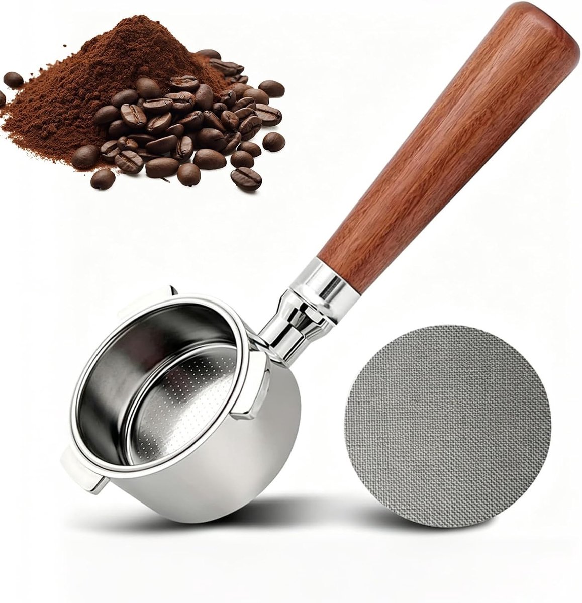 Bodemloze portafilter 54 mm met 3 oren, espresso-puckscherm en doseertrechter voor perfecte koffie-extractie, geschikt voor Breville 879/875/878, met houten handvat en metalen basis