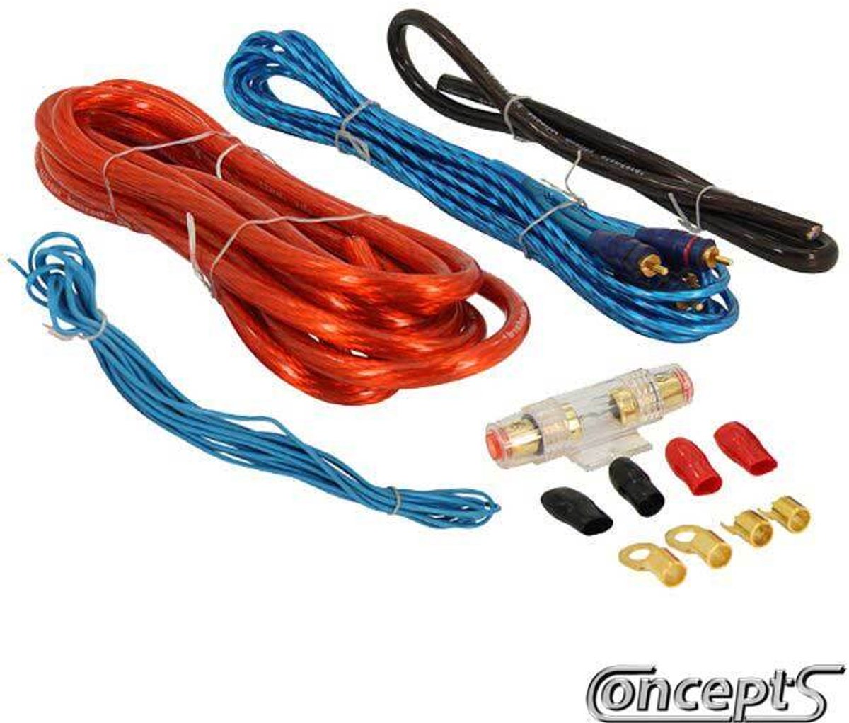 Newsound Aansluitset 20 mm2 voor versterker of actieve subwoofer - bestaande uit 5 meter rode stroomkabel - 80 cm zwarte massakabel - 5 meter RCA kabel + remote - Zekeringhouder + zekering - Vergulde kabelschoentjes