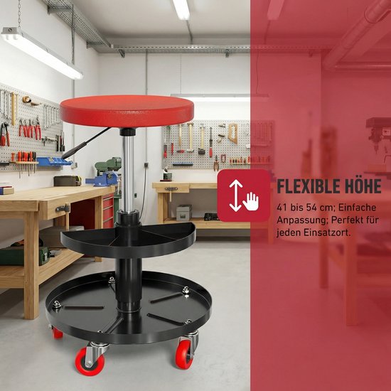 Rolkruk met rode zitting en twee zwarte plateaus in een werkplaats. Tekst 'FLEXIBELE HÖHE' met hoogte-indicatie.