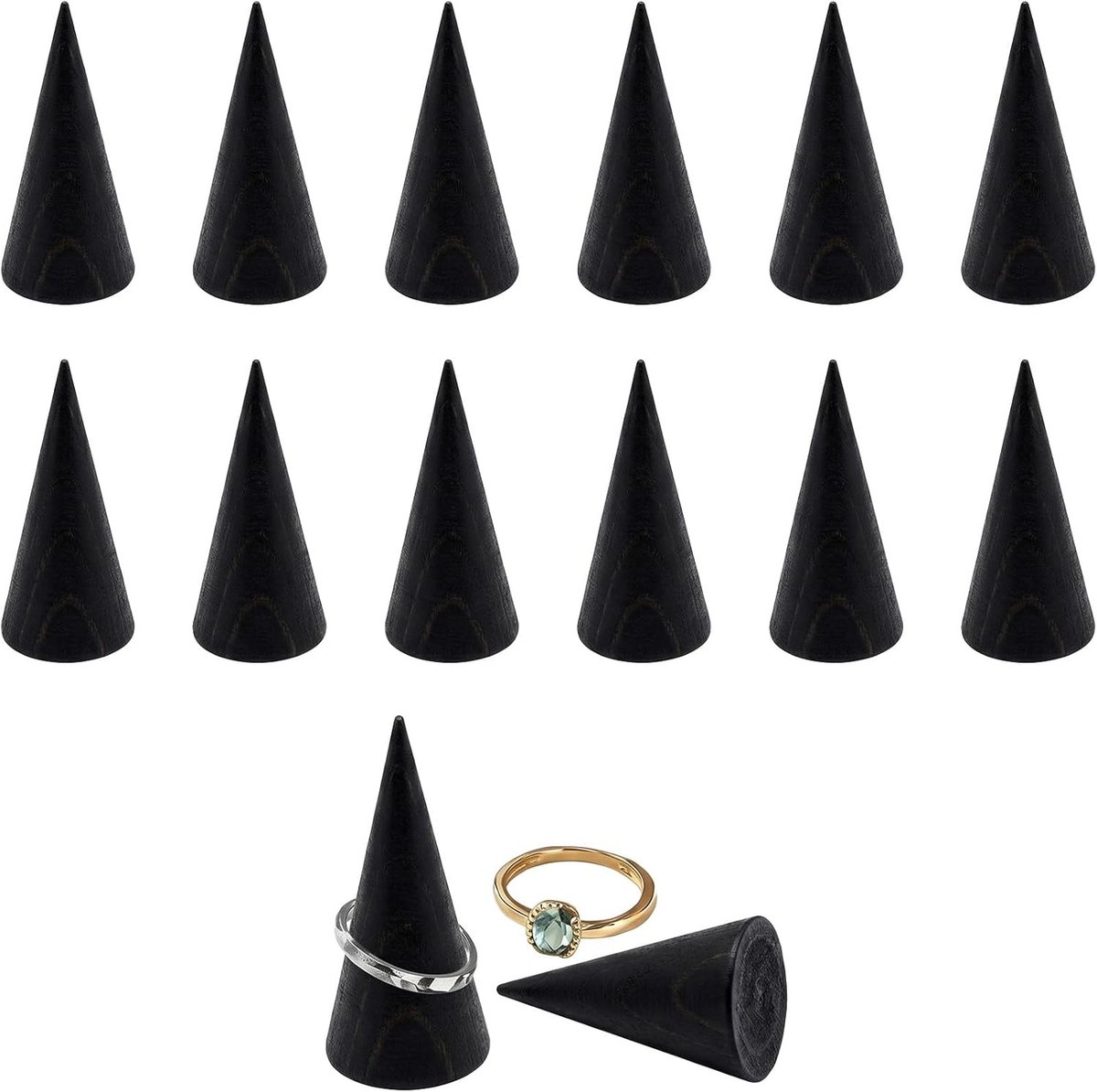 Houten ringhouders voor sieraden, 12 stuks ringstandaard en displayorganizer, ideaal voor juweliers en thuisgebruik (zwart, 25 x 50 mm)