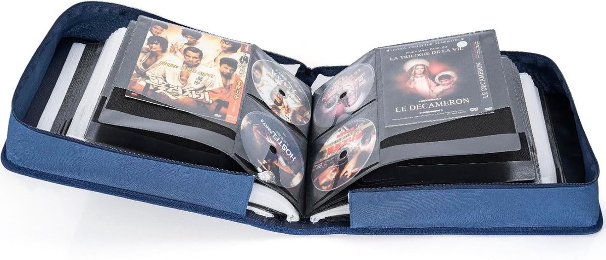DVD en CD Opbergdoos met Extra Brede Titelbladen - Draagbaar Ringhouder Album voor 200 Schijven en 100 Boekcompartimenten - Blauwe Media Opbergtas met Beschermfolie