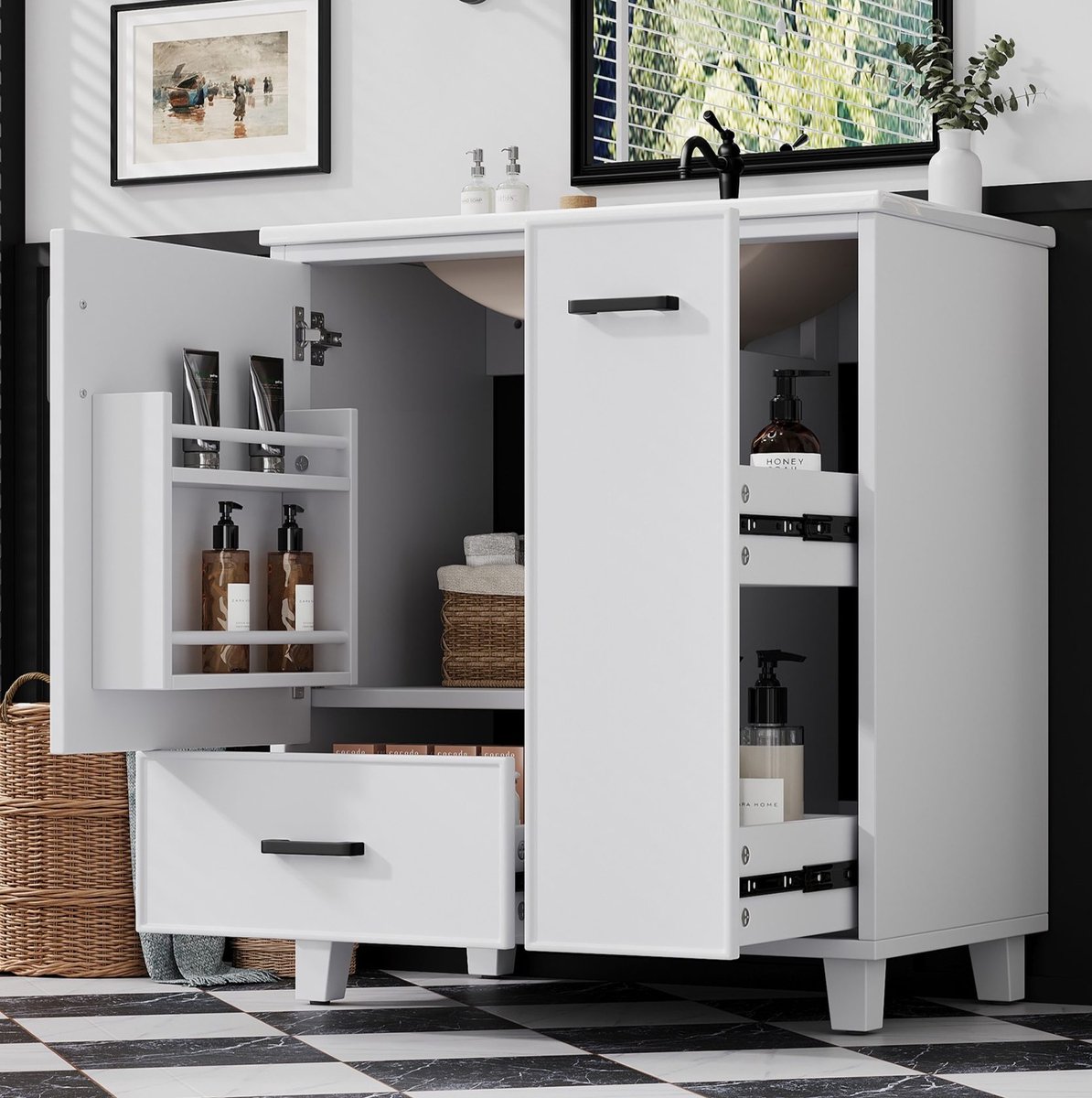 Wishdor - Badkamerkast - geïntegreerde keramische wastafel en 2 lades - modern Scandinavis