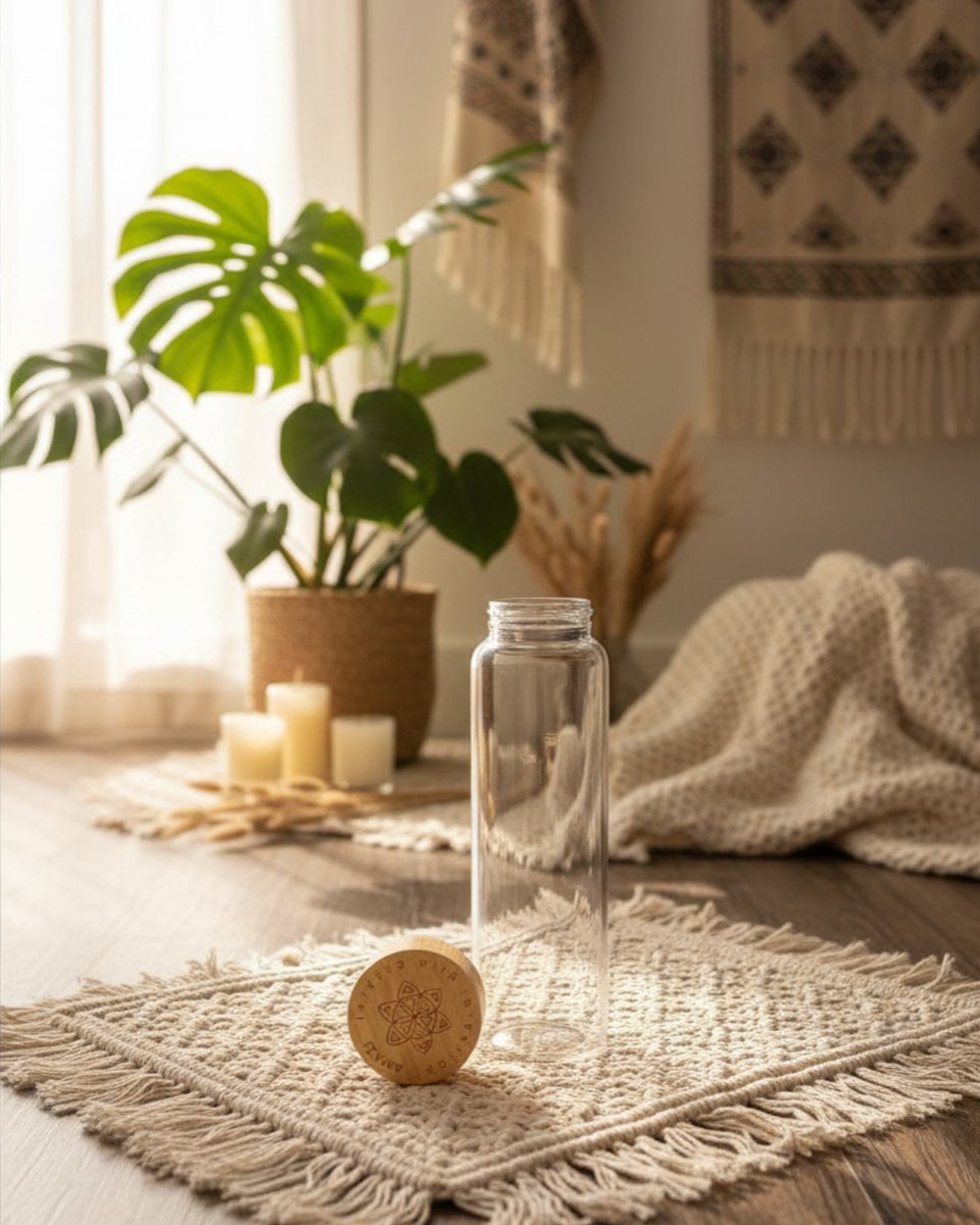 Amazi tafel waterfles van glas - 1000ml - 1 liter - 8 x 25 cm (dxh) - Glazen waterfles - Dop bamboo gravure flower of life - Tafel water Merk:AMAZI met zeef — cadeau in Koken & Dineren - foto 3