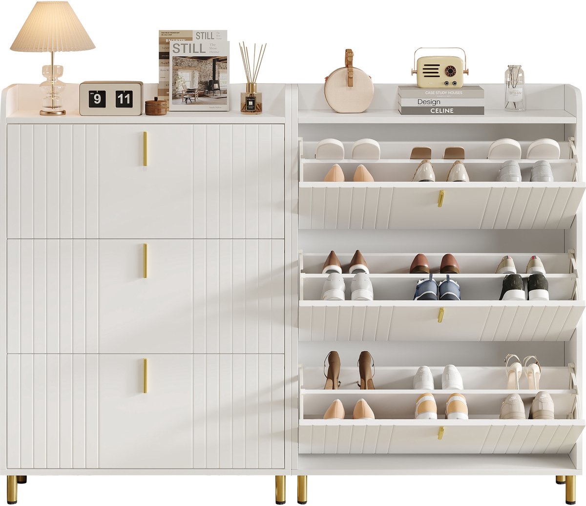 MODFU - Schoenenkast - 3 Klappen - Verstelbaar - Wit - MDF - 80 X 23,5 X 123,5 Cm