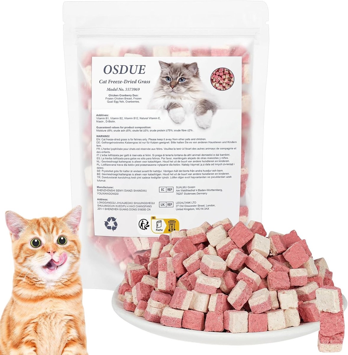 SnelShoppen - Kattengras Stok voor Katten - Eetbare Gevriesdroogde Kattensnack 100g met Kip en Cranberry - Natuurlijke Tandreiniging, Graanvrij, Verho