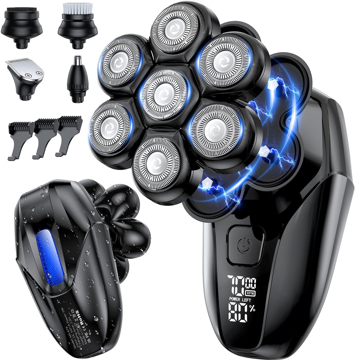 QTTVBTNA -Hoofdscheerapparaat - 5-in-1 Scheerapparaat - Tondeuse - Zwart, 7D zwevende roterende messen, IPX7 waterdicht - Met 5 koppen (scheren, trimmen, neus, massage, reiniging) - Oplaadbaar, ergonomisch - Voor kaal scheren, gezicht en lichaam