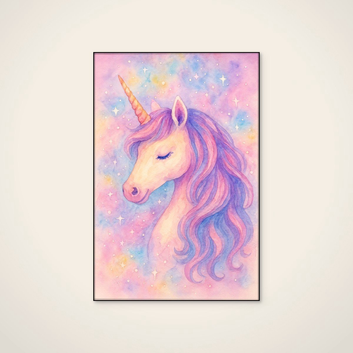 Akoestisch schilderij - 80 x 120 cm - Dreamy Pastel Unicorn van Natalie Bruns - Abstracte wanddecoratie - zwart textielframe