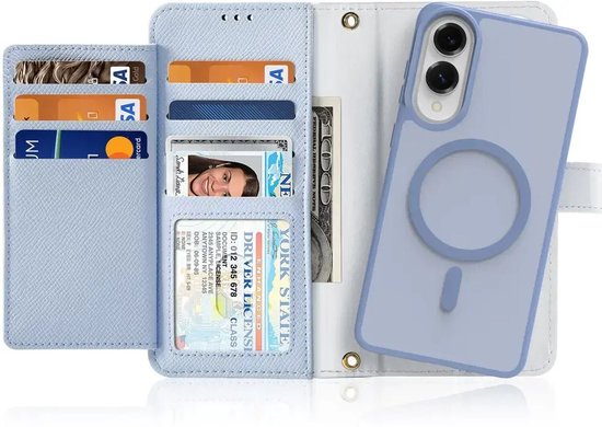 Lichtblauwe lederen portemonnee met pasjes en vak voor geld, en een afneembare magnetische telefoonhoes.