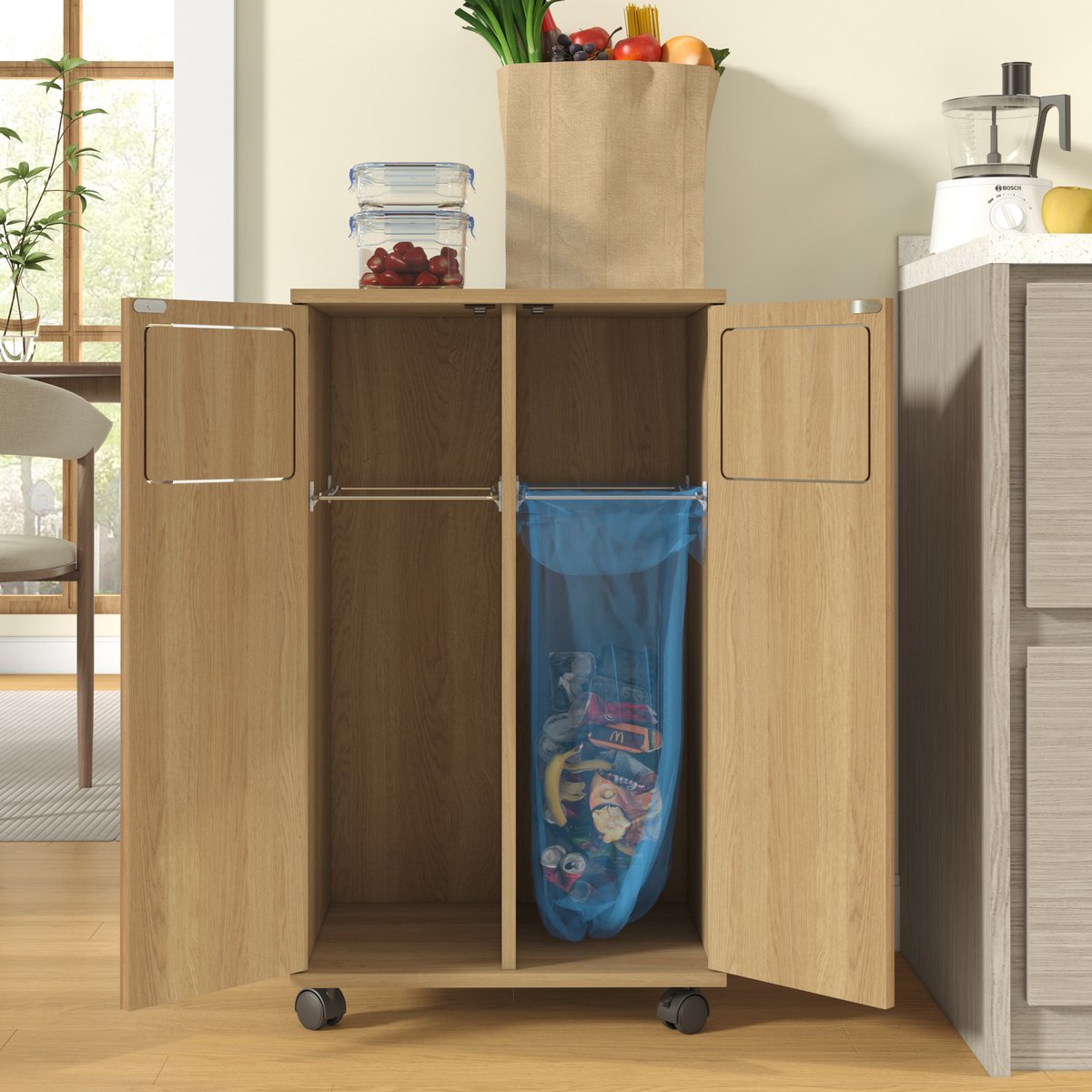 MODFU - Afvalkast - 2 Vakken - Op Wielen - Eikenlook - Natural - Keukenkast