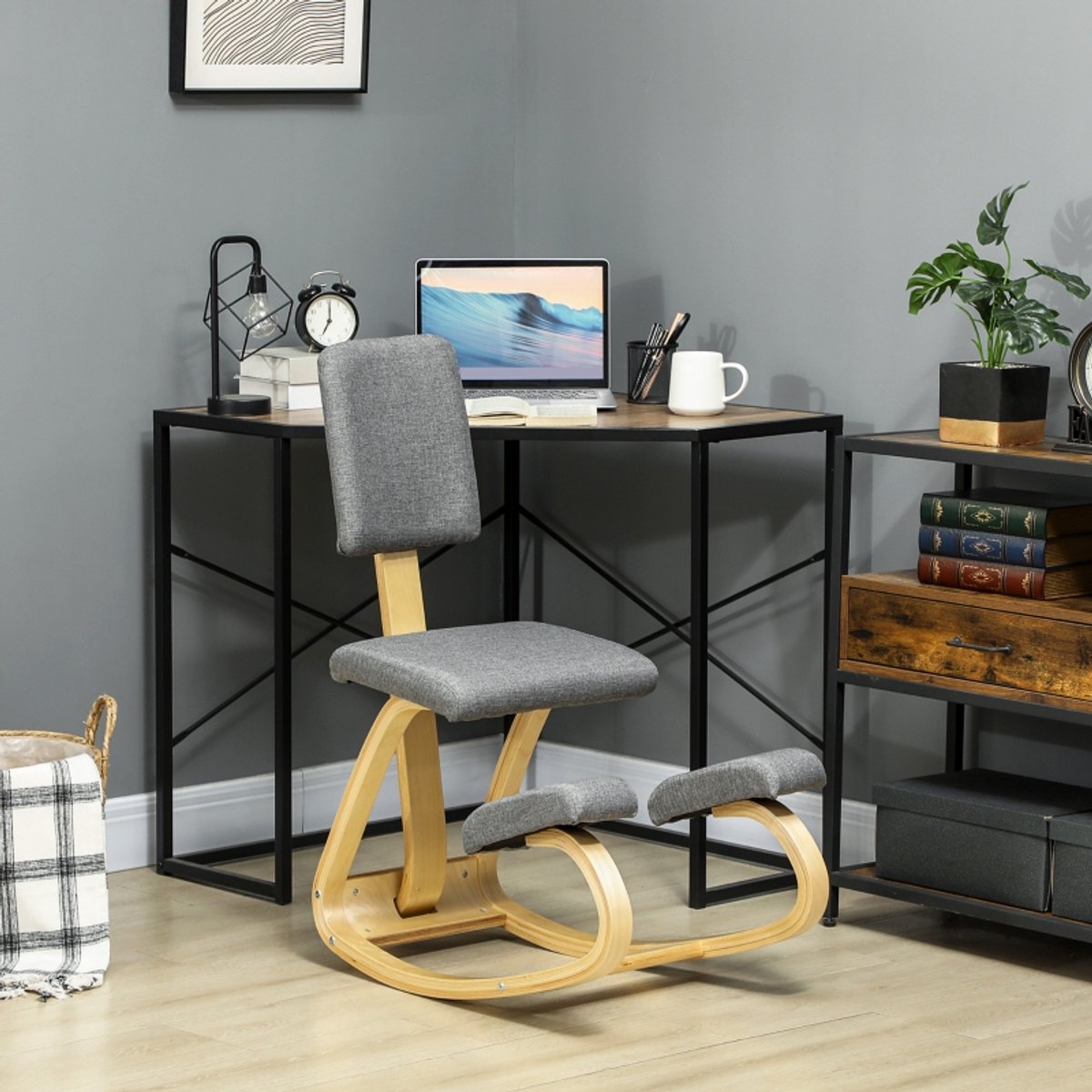 MODENUIT Kniestoel 84 x 51 x 93 cm - Ergonomisch Met Schommelfunctie - Voor Kantoor En Meditatie - Hout Grijs