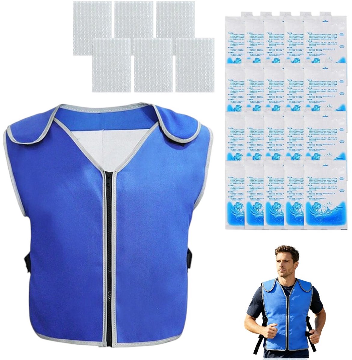 Blauw koelvest – Snelle koeling met reflecterend ontwerp – Geschikt voor warm weer – Inclusief 20 koelelementen en 6 isolatiezakjes – Verstelbaar ontwerp – Unisex – 60 x 48 cm