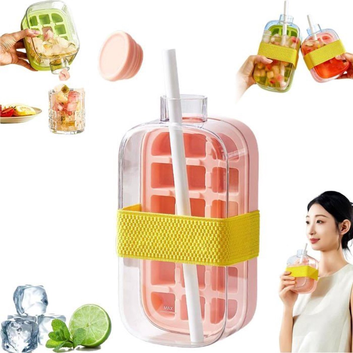 LISM-IJsblokjesfles met rietje, 2-in-1 waterfles, ijsblokjesbakje en -container met deksel, ijsdispenser met één druk op de knop (800 ml) - Roze