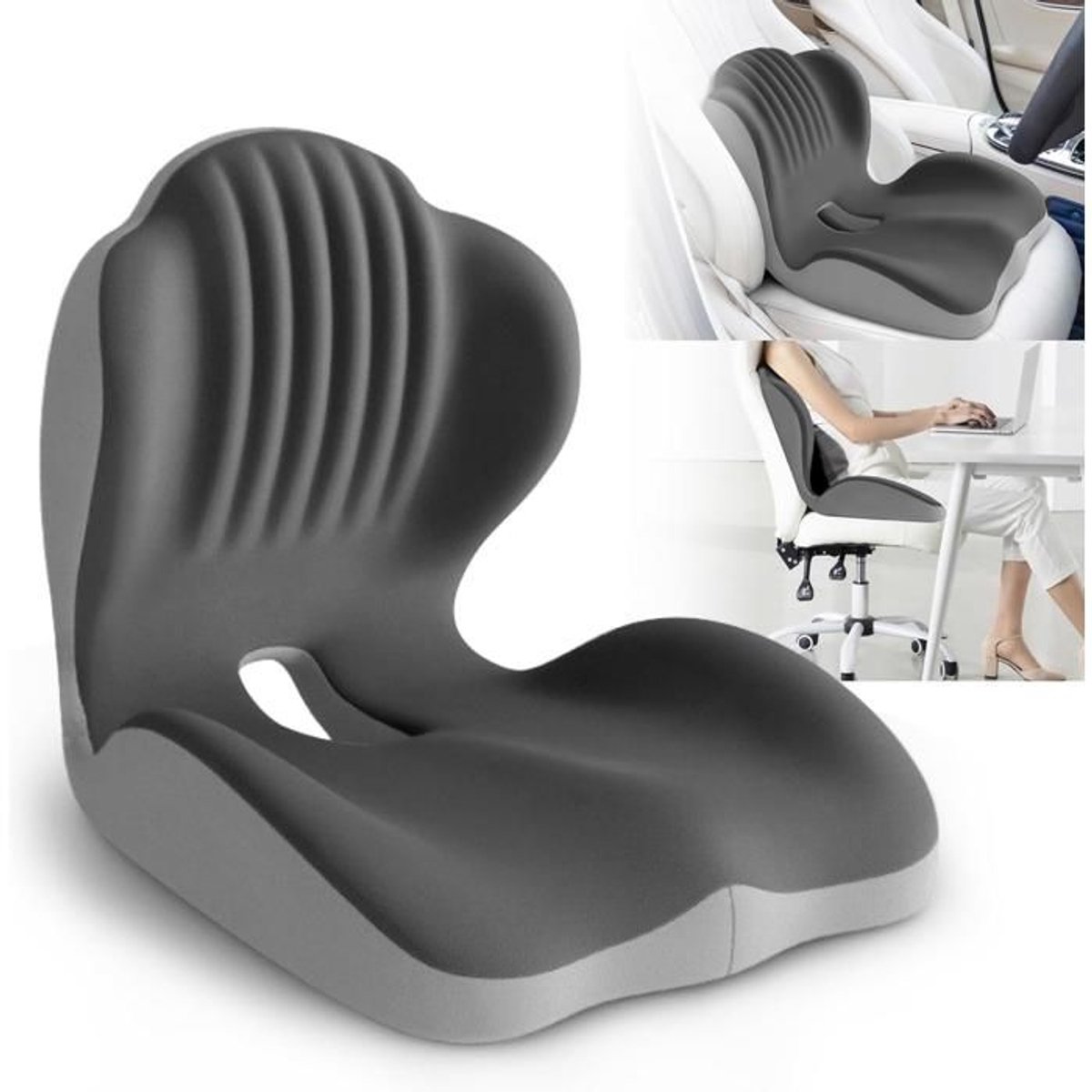 LISM-Twee-in-één zitkussen en lendensteunkussen, traagschuim, ergonomische stuitbeensteun, geschikt voor kantoorgebruik - zwart en grijs.