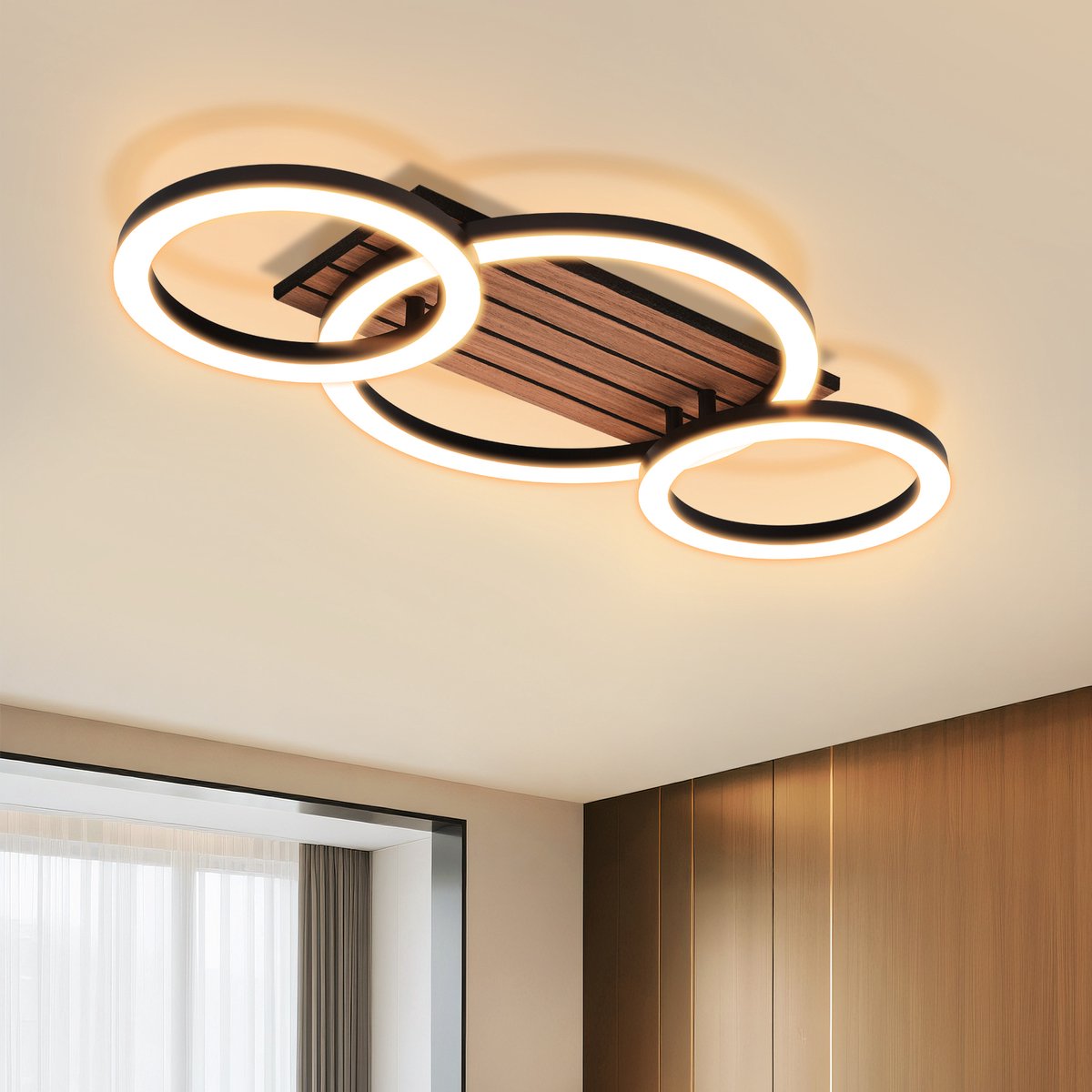 NETTLIFE LED Plafondlamp 58 cm - 3-Ringen Design - Zwart met Houtlook - Tweezijdige Verlichting - 21W - 3000K Warm Wit Licht - voor Woonkamer | Slaapkamer | Eetkamer
