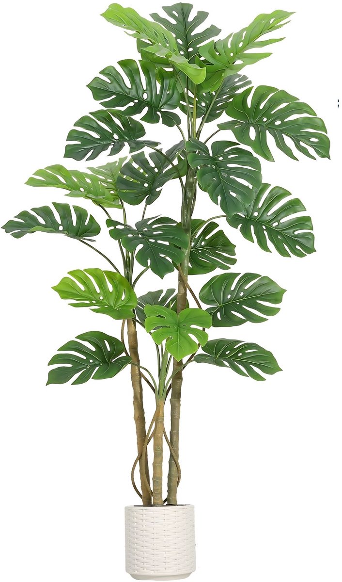 Kunstmatige Monstera Plant - Realistisch met Luxe Keramische Pot - voor binnen en buiten - 183 cm Groen Kunstzijde - Retro