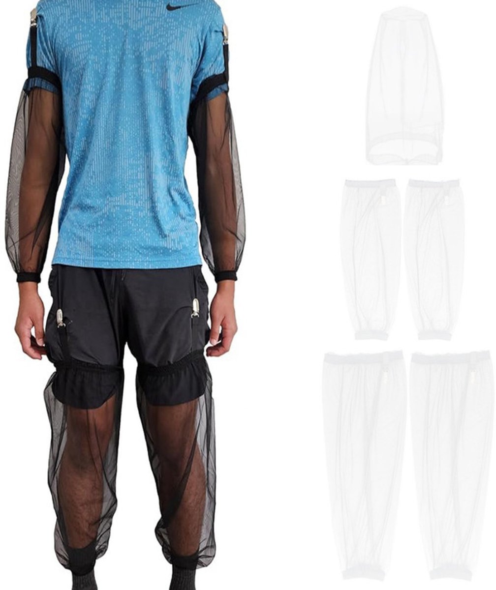 5-delige klamboeset – 1 hoofdnet + 2 armhoezen + 2 beenhoezen – Fijnmazig – Anti-muggenset voor buiten in de zomer – armhoezen – Beenhoezen voor kamperen en sporten – Anti-muggenhoed voor tuinieren en vissen – Geschikt voor kamperen, vissen en meer