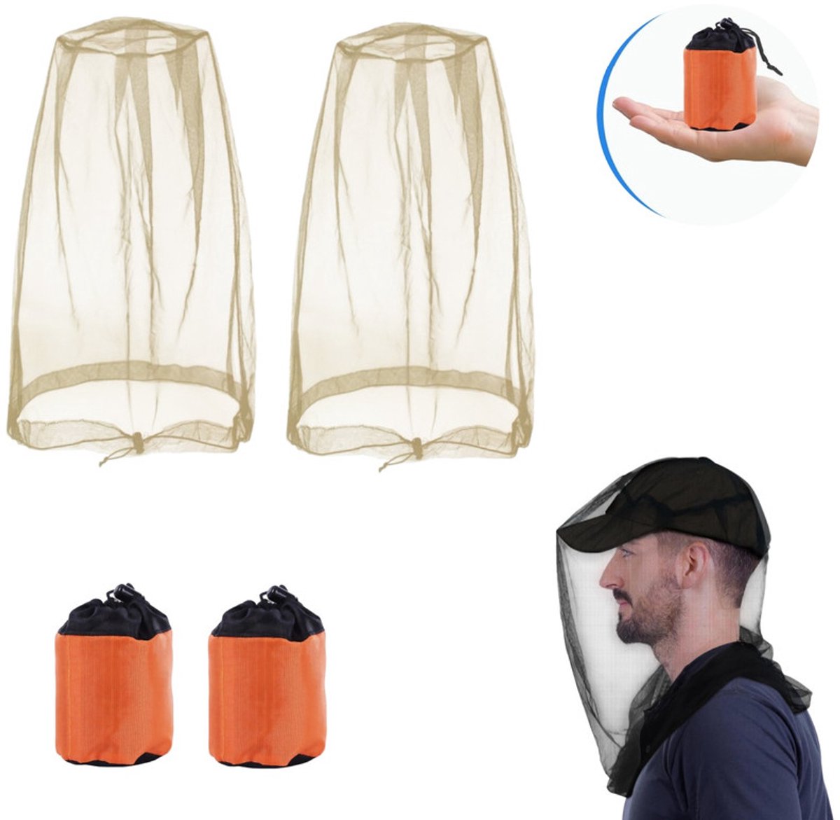 Anti-muggenhoofdnet (set van 2) – Muggenwerend hoofdnet voor de zomer / Insectenwerende gezichtssluier – Gaasnet voor kamperen, wandelen, vissen en tuinieren – Extra groot en extra lang – Ultrafijn gaas – 53 x 66 cm