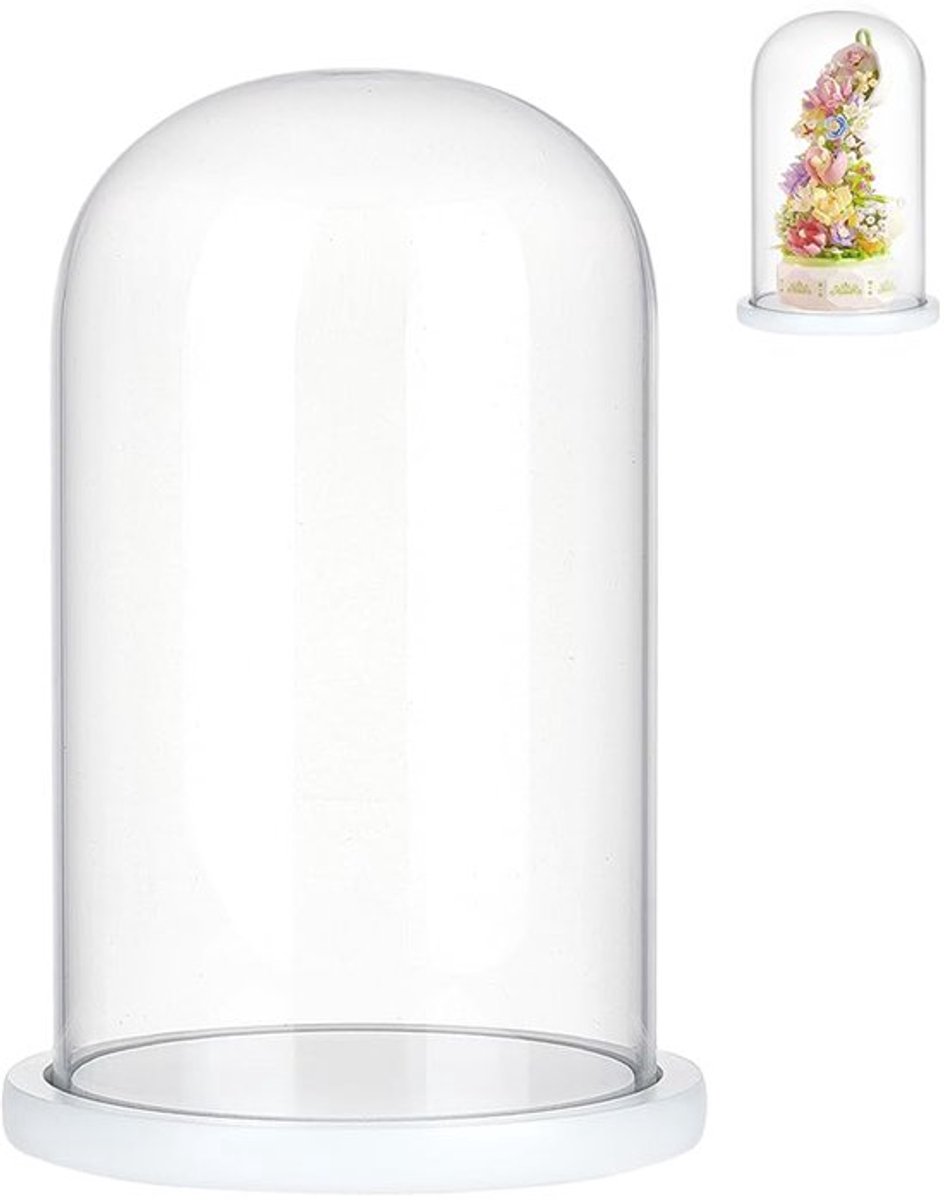 Glazen display cloche koepel decoratieve glazen koepel afdekking heldere bubbel glazen vitrine met witte houten basis voor verzamelstukken roos kantoor thuis tafeldecoratie 15x25,5cm
