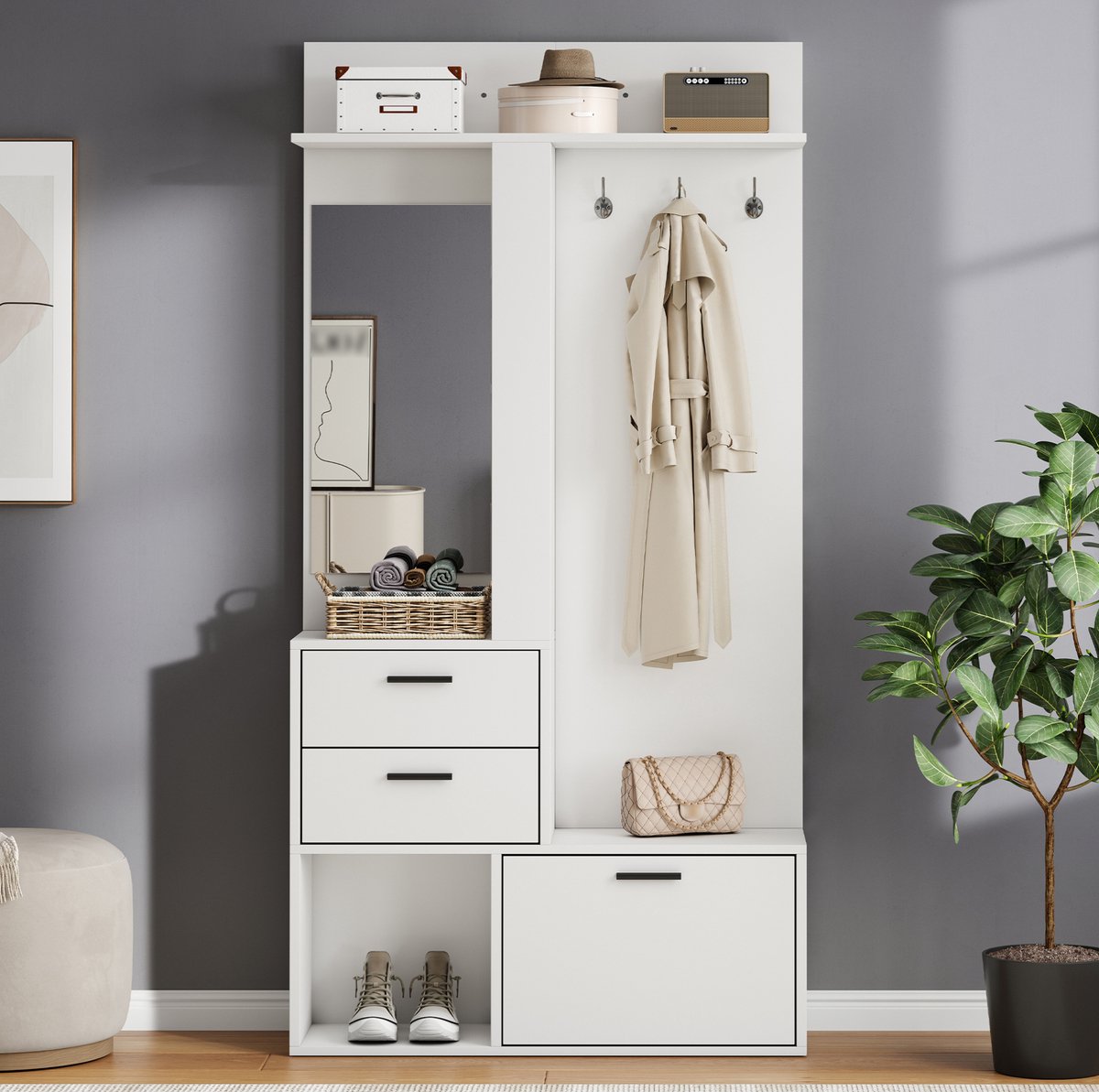 OKWISH Halmeubel - Garderobekast Met Spiegel En Schoenenkast - 90 x 30 x 180 cm - 2 Lades En 3 Haken - MDF Wit