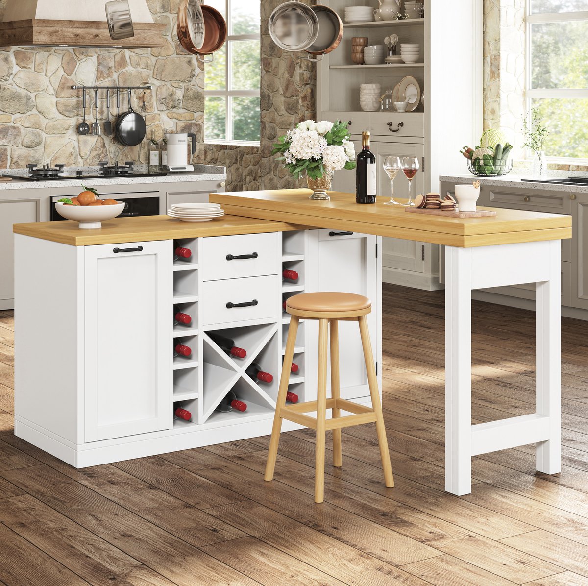 OKWISH Eettafel - 360° Draaibaar En Uitschuifbaar Keukeneiland - 120-223 x 40 x 73,8 cm - Met 2 Lades En Opbergruimte - MDF Wit