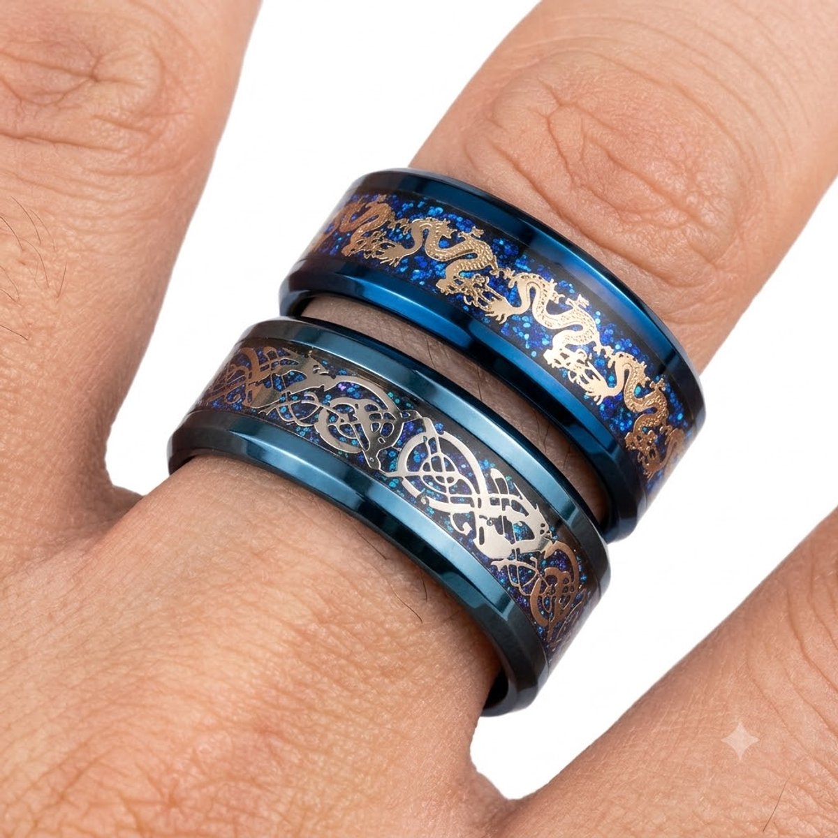 Blauwkleurige ringenset heren draken ring set maat 10 statement ringen met goudkleurig drakenpatroon en Keltisch motief brede bandringen mode sieraden set 2 stuks