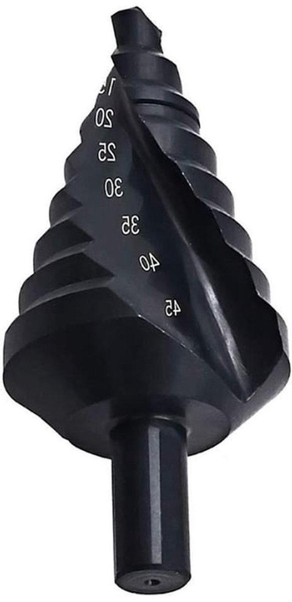 Trappenboorset met spiraalfluit en driehoekige schacht van sneldraaistaal nitride, geschikt voor boren in koolstofstaal en plaatmaterialen, 10-45 mm