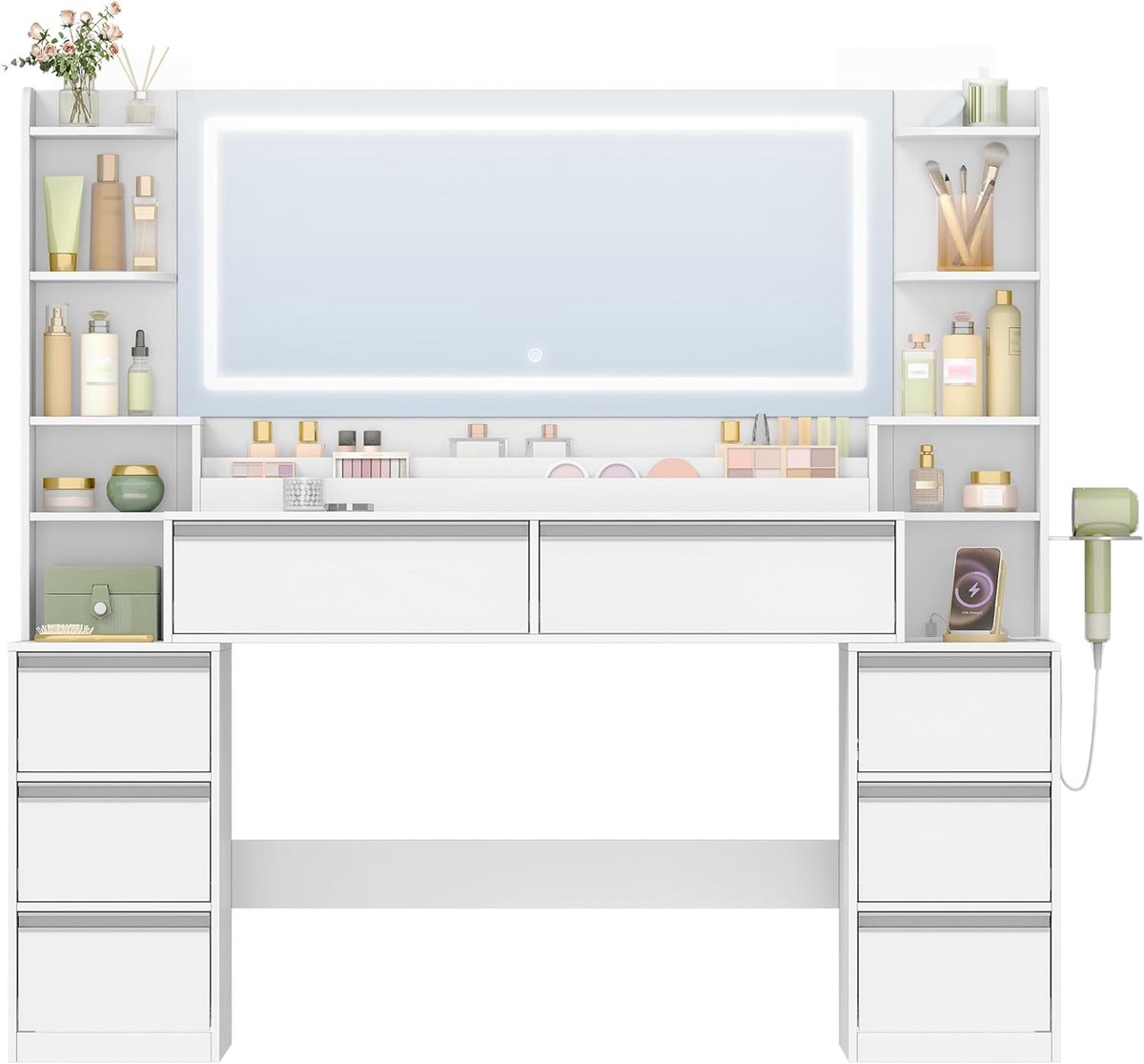 Hzuaneri Kaptafel van 149 cm met spiegel en stopcontacten, wit-zilver Make-uptafel met 3 dimbare ledlampen, föhnhouder, 8 lades en open schappen, 40 x 149 x 140 cm
