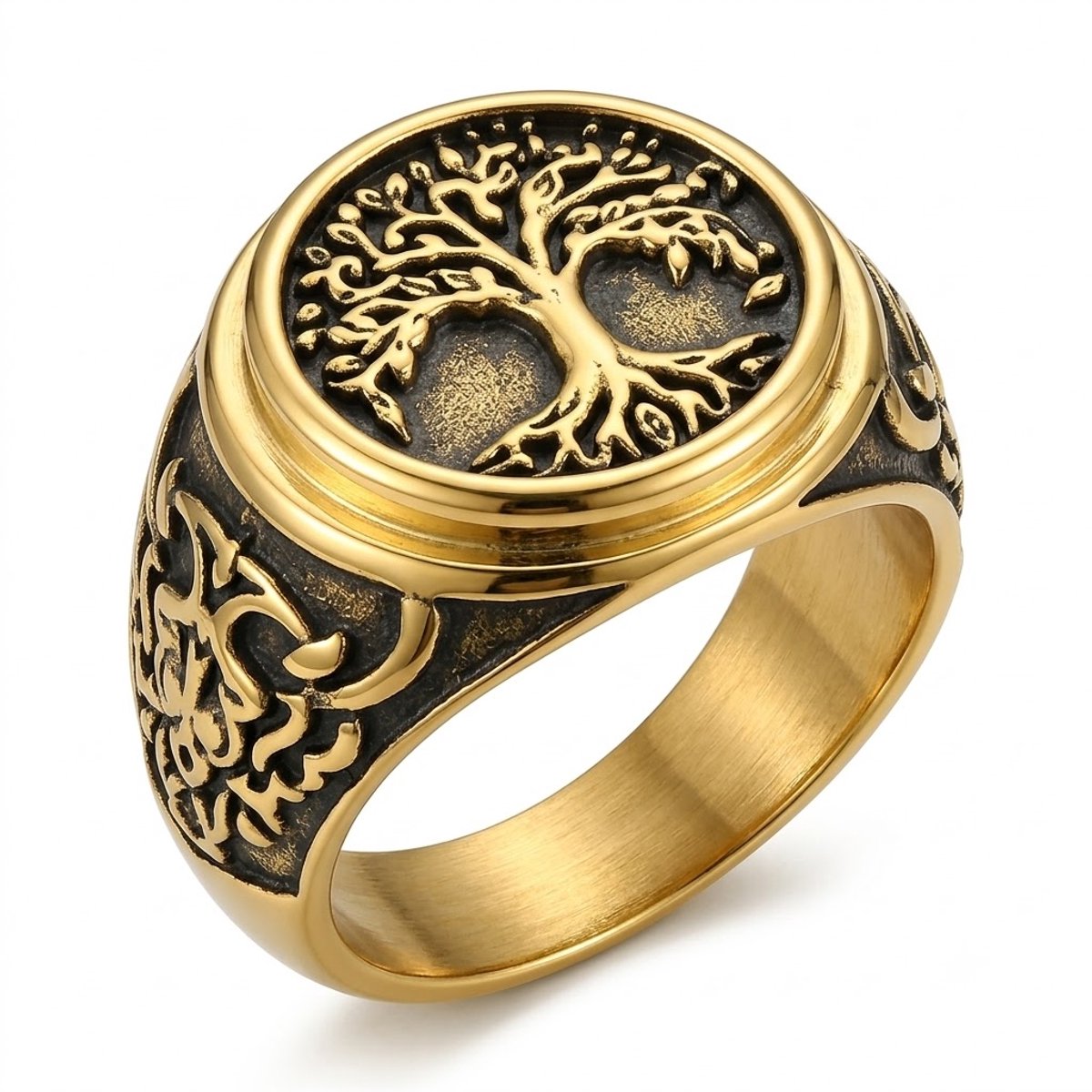 Goudkleurige statement ring heren levensboom ring maat 11 vintage zegelring boom des levens motief zwartkleurige details brede vinger ring